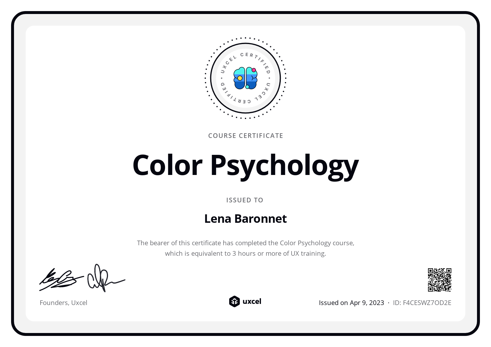 Lena Baronnet's certificate